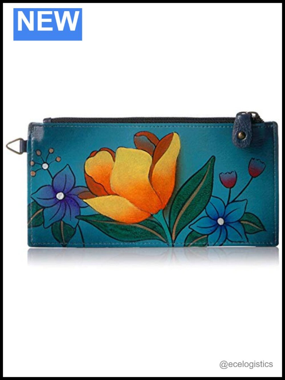 Hand Painted Genuine Leather Organizer Wallet with Zip Closure